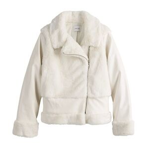 Nine West Cream Faux Fur Moto Jacket Coat Size Large L